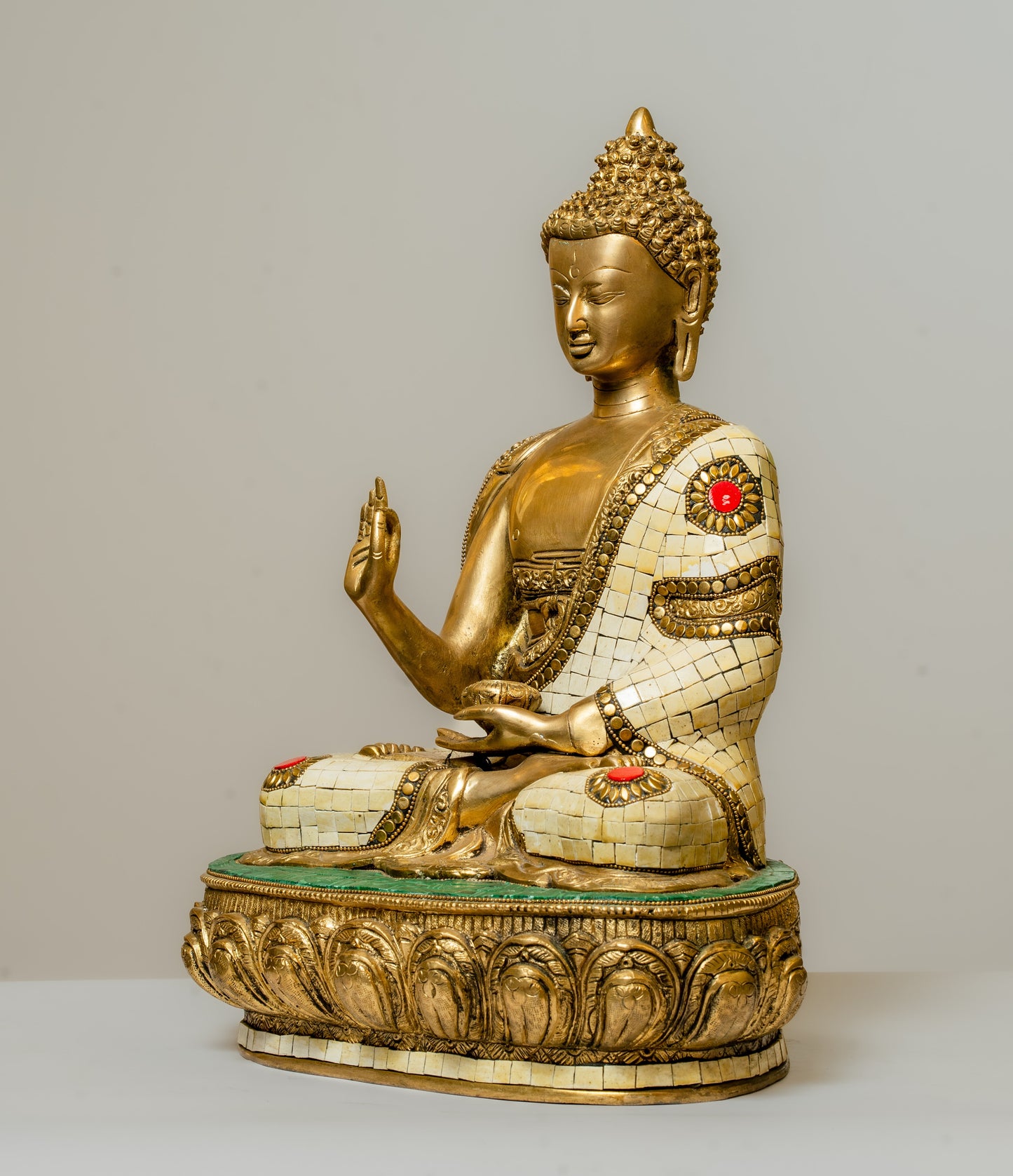 "Serene Buddha Statue with Tibetan Stone Work - Brass Figurine"