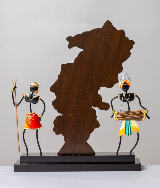 Chhattisgarh Tribal Dance Memento: Wrought Iron & Wooden Fusion with Map