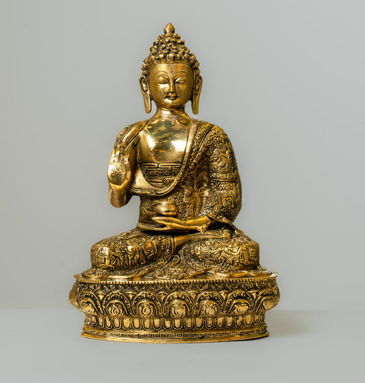 "Meditating Buddha Brass Statue on Lotus Pedestal"