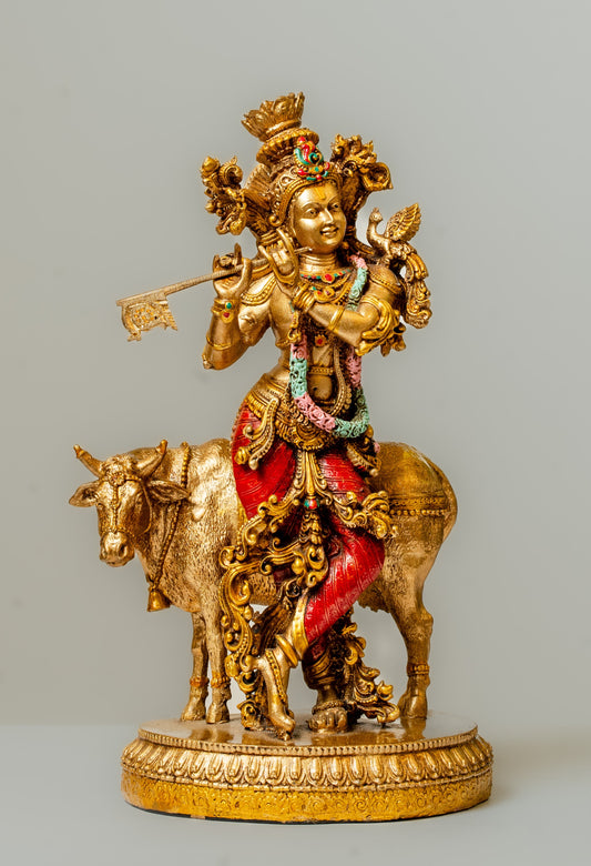 "Cow Krishna Polyresin Statue with Hand-Painted Copper Finish"