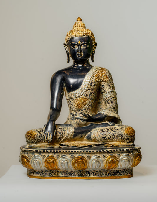 "Enlightened Buddha in Dhyana Mudra - Brass Statue with Dual-Tone Finish"