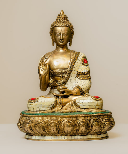 "Serene Buddha Statue with Tibetan Stone Work - Brass Figurine"