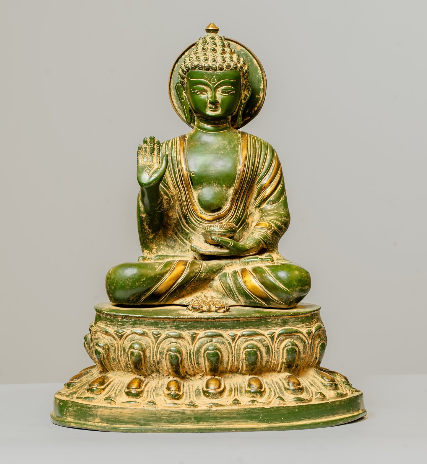 "Verdant Antique Green Buddha Brass Statue"