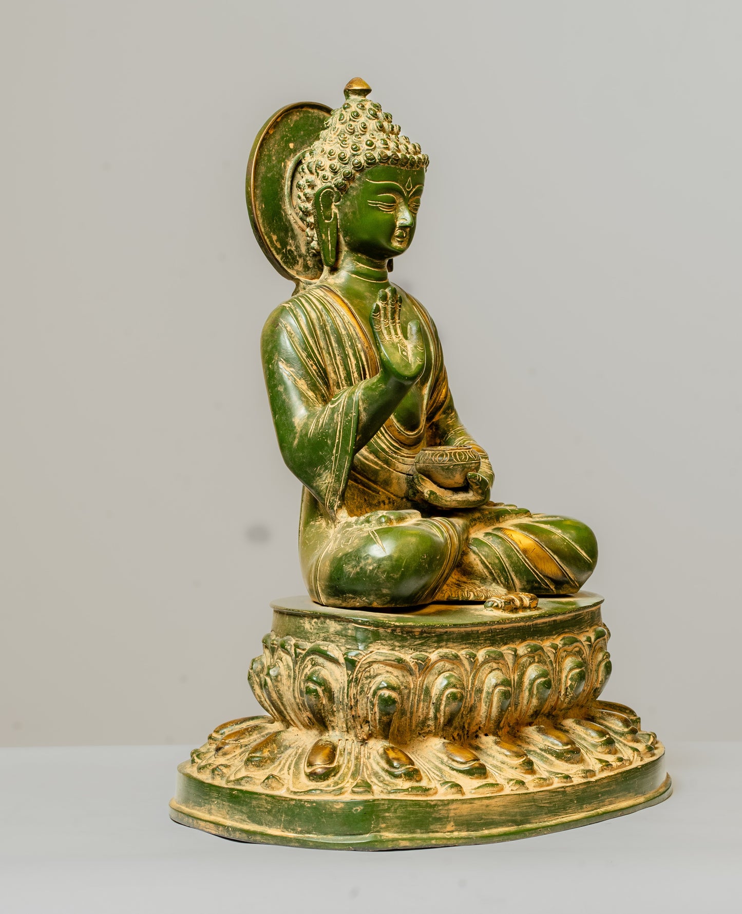 "Verdant Antique Green Buddha Brass Statue"