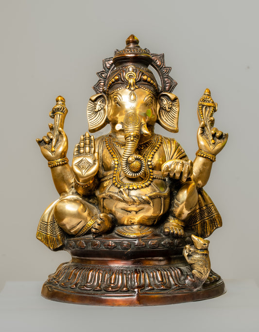 "Regal Ganesha Brass Statue with Dual-Tone Black Finish"