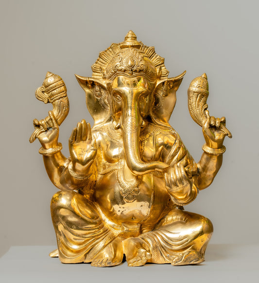 "Lustrous Gold-Finish Brass Ganesha Statue"