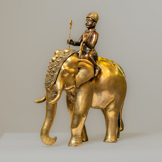 "Royal Elephant Rider Brass Statue with Black and Gold Finish"