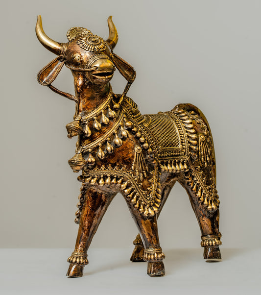 "Dhokra Art Nandi Brass Statue with Brown and Gold Finish"