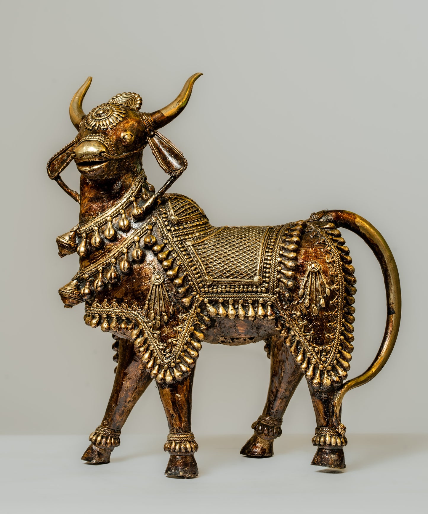 "Dhokra Art Nandi Brass Statue with Brown and Gold Finish"