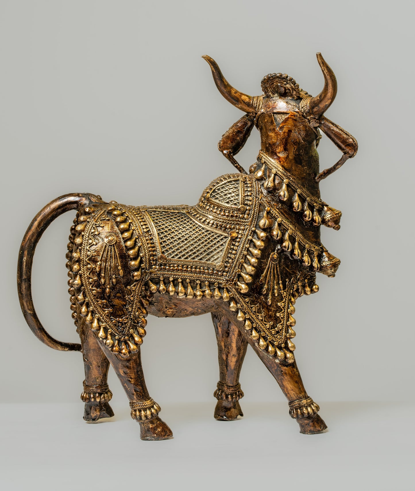 "Dhokra Art Nandi Brass Statue with Brown and Gold Finish"