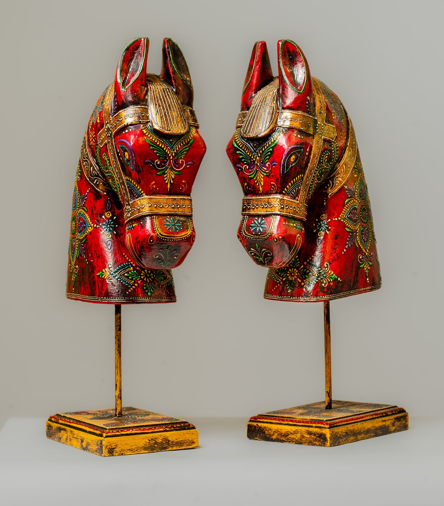 "Vibrantly Hand-Painted Wooden Horse Head Pair"