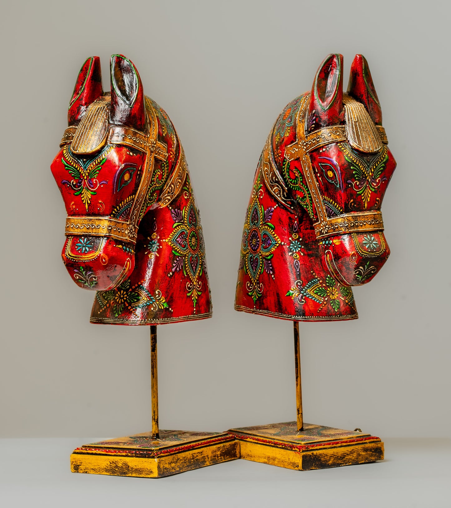 "Vibrantly Hand-Painted Wooden Horse Head Pair"