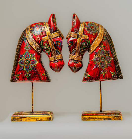 "Vibrantly Hand-Painted Wooden Horse Head Pair"