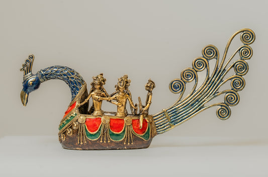 "Hand-Painted Dhokra Art Peacock Boat with Brass Riders"