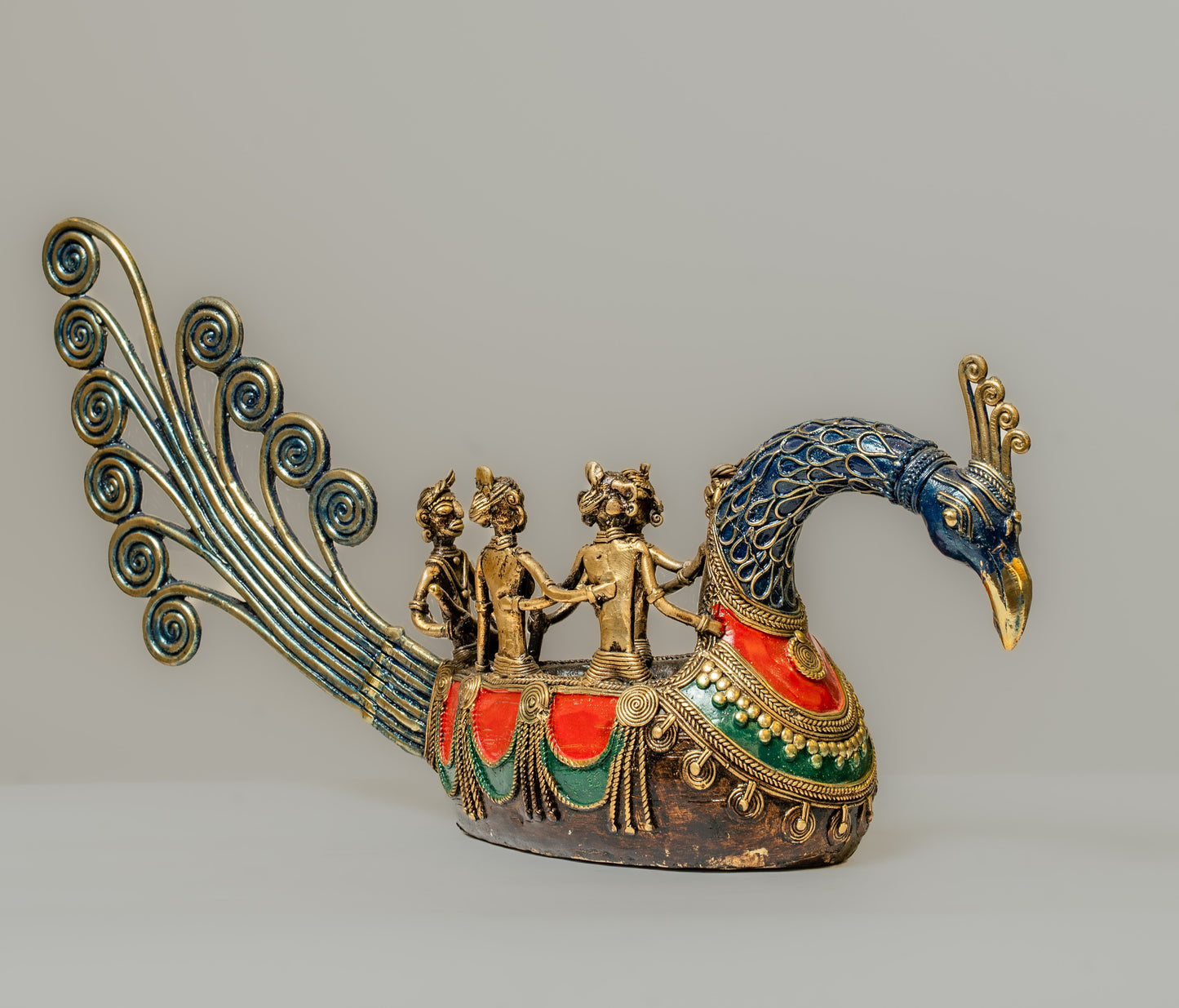 "Hand-Painted Dhokra Art Peacock Boat with Brass Riders"