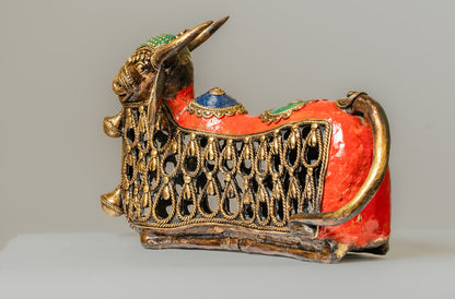 "Dhokra Art Jaali Nandi Statue with Hand-Painted Accents"