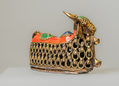 "Dhokra Art Jaali Nandi Statue with Hand-Painted Accents"