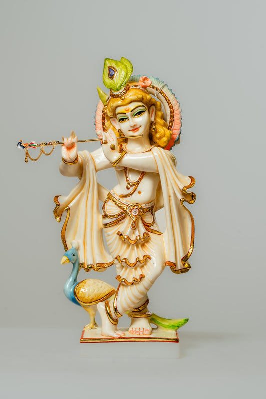 "Hand-Painted Marble Krishna Playing Flute Statue"