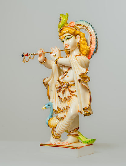 "Hand-Painted Marble Krishna Playing Flute Statue"