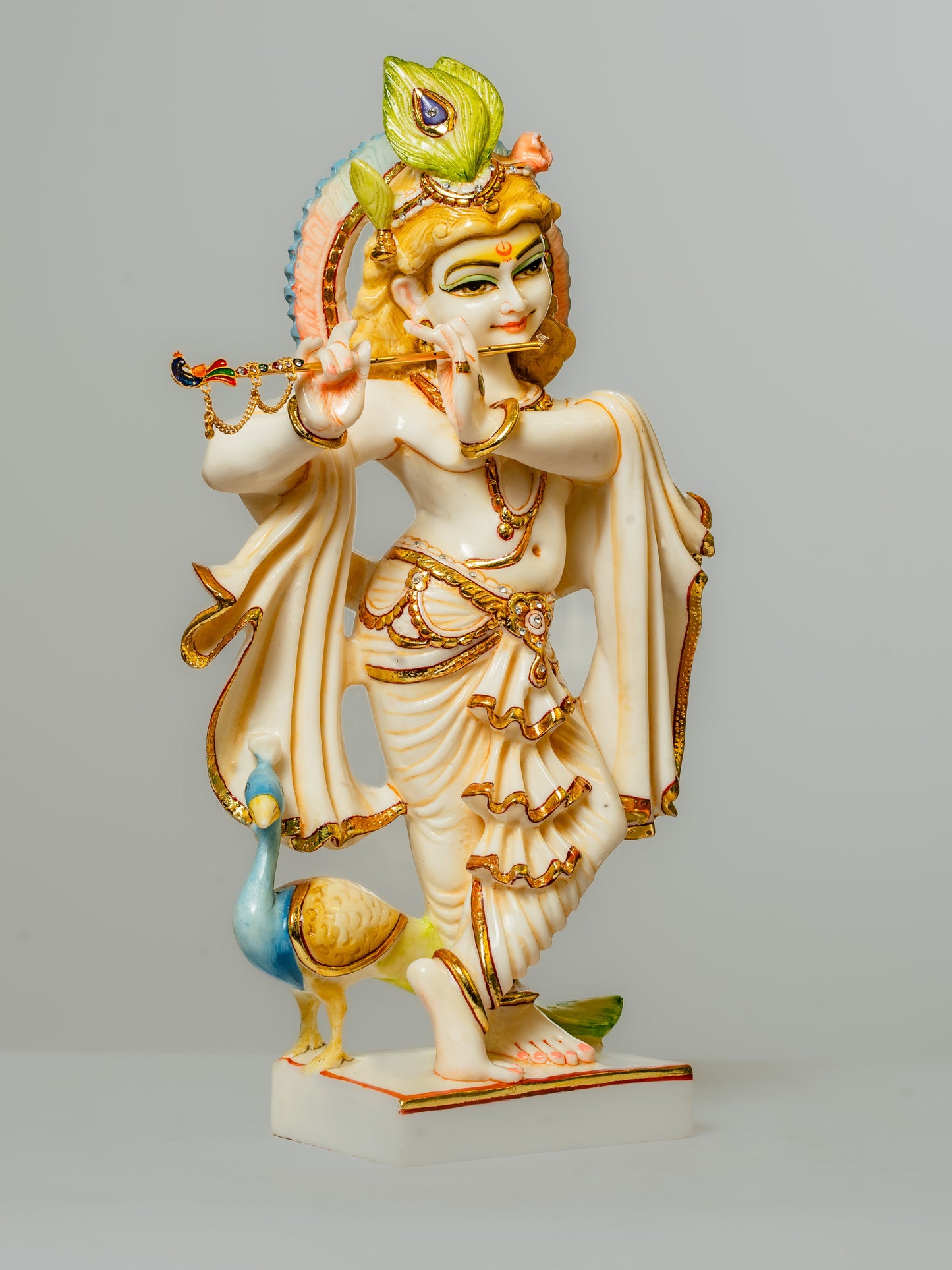 "Hand-Painted Marble Krishna Playing Flute Statue"