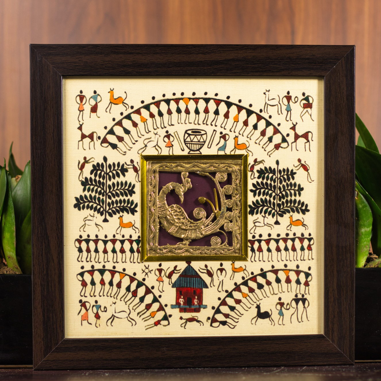 Wall Decor Brass Tribal Frame with Worli Art Painting | 27cm