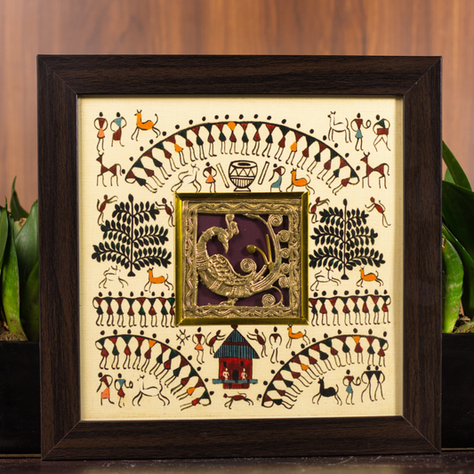 Wall Decor Brass Tribal Frame with Worli Art Painting | 27cm