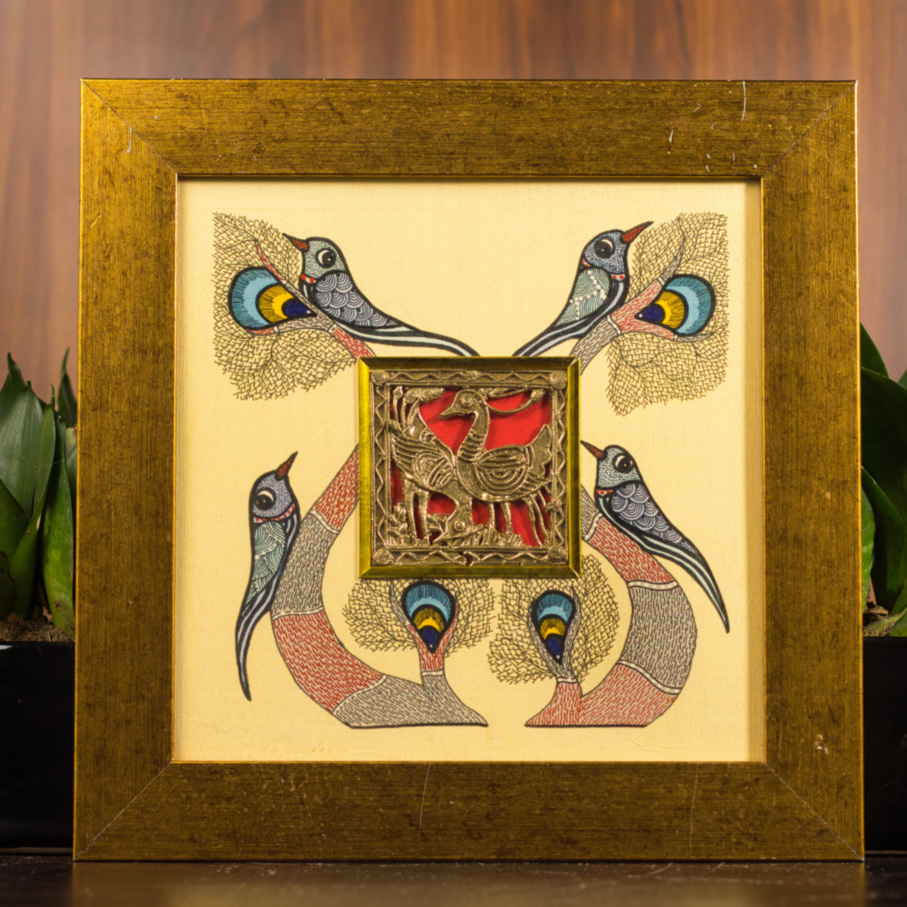 Wall Decor Brass Tribal Frame with Gond Art Painting | 27cm